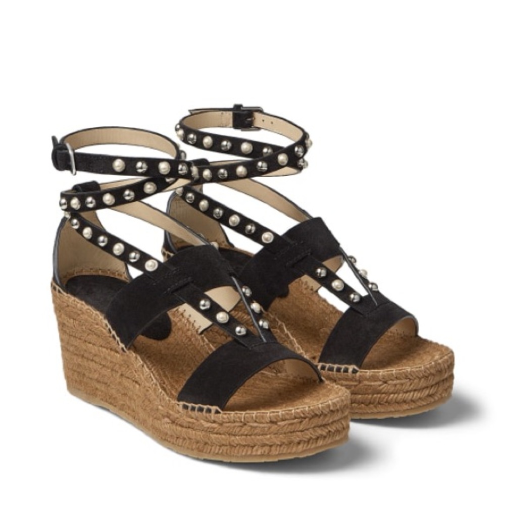 JIMMY CHOO
Black Danica Pearly Wedge Sandal,size 8